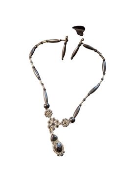 Vintage DEAD STOCK Black & Silver Toned Necklace & Earring SET Tribal Bohemian